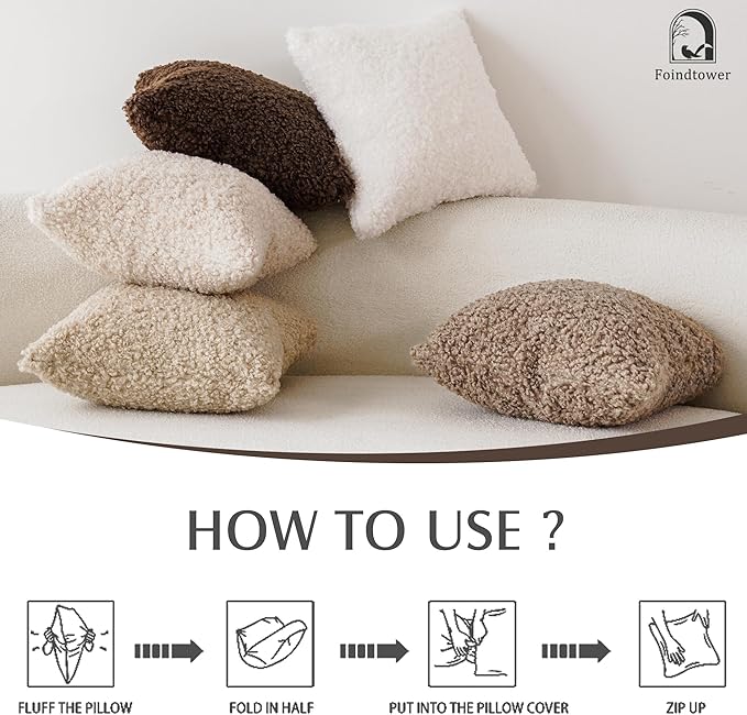 Foindtower Set of 2 Curly Teddy Wool Pillow Covers Decorative Boucle Textured Lumbar Throw Pillow Faux Fur Pillowcases Sheepskin Cushion Case for Sofa Bedroom Car 12"x20" Light Khaki