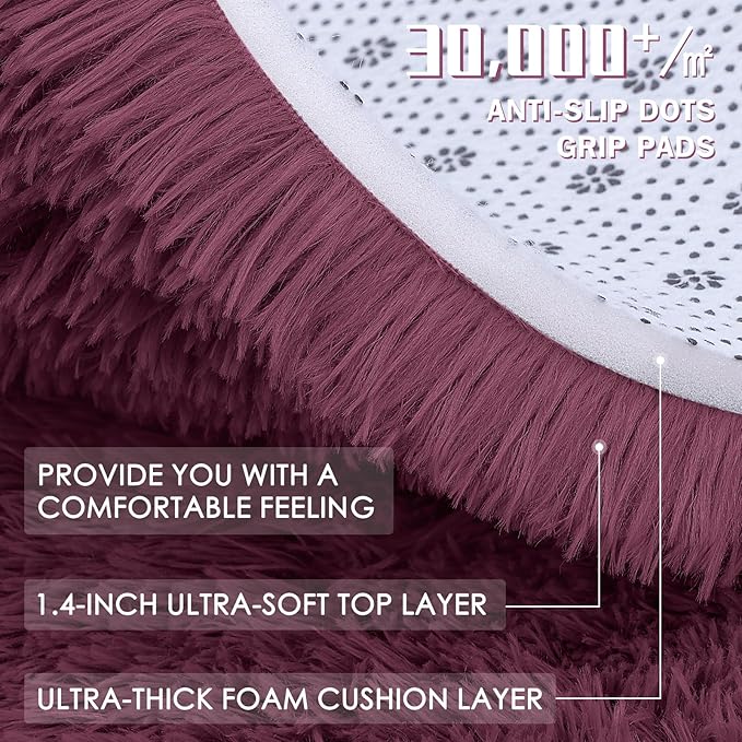 OLANLY Burgundy Round Rugs for Bedroom - Machine Washable, 8 ft Circle Area Rugs for Living Room, Soft and Fluffy Shaggy Carpet for Teen Girls and Boys, Nursery Rooms, Dorms, Home Decor Aesthetic