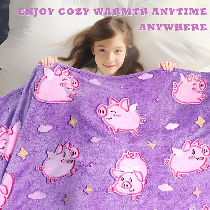 Pig Blanket Glow in The Dark Cute Pink Pig Throw Blanket for Girls Kids Pig Decor Birthday Gifts for Girls Soft Fleece Animal Blanket for Kids Christmas