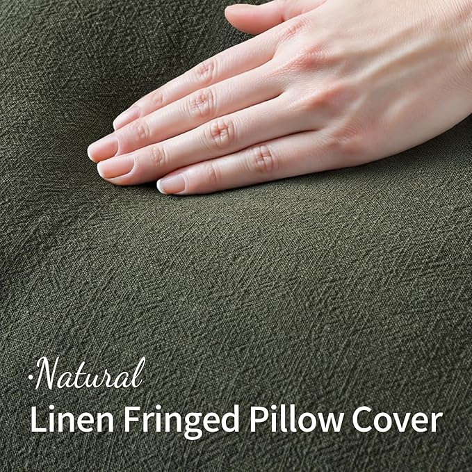 MIULEE Decorative Throw Pillow Covers Neutral Linen Fringe Throw Pillows Set of 2 Rifle Green Boho Farmhouse Cushion Covers with Tassels for Couch Sofa Bed Living Room Spring Home Decor 18x18 Inch