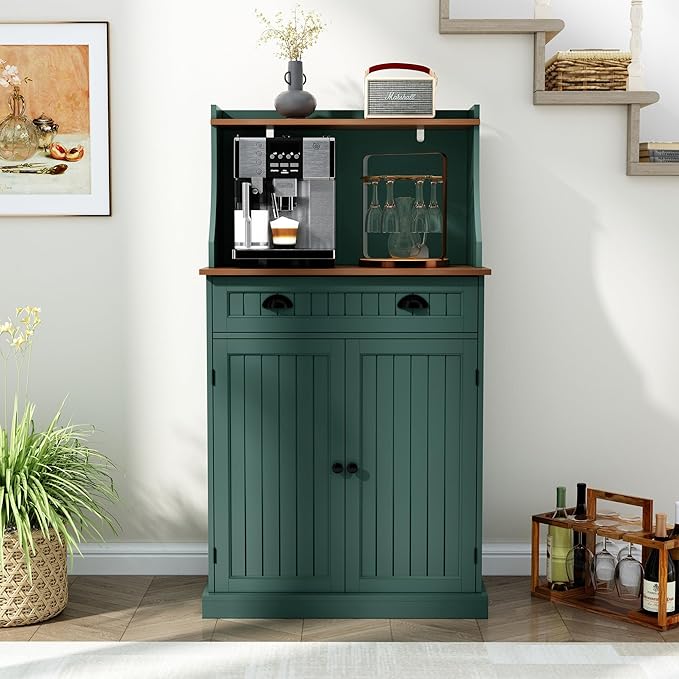 54" Kitchen Pantry Storage Cabinet with Doors and Adjustable Shelves, Green Freestanding Microwave Cabinet with Drawer for Kitchen, Coffee Bar, Living Room