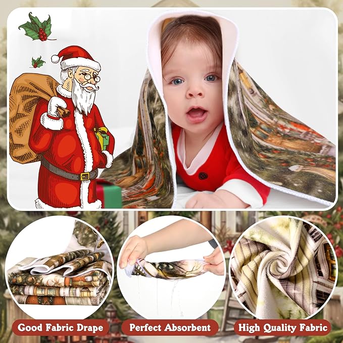 8 Pcs Christmas Shower Curtain Set Xmas Santa Bathroom Decoration Christmas Tree Hand Towels Snowman Toilet Lid Cover Bathroom Rugs Xmas Shower Curtain with Hooks(Farmhouse Style)