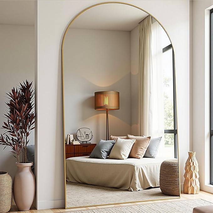 TinyTimes 81''x41'' Oversized Full Length Mirrors, Arched Floor Mirror with Stand, Full Body Large Oversized Standing Mirror/Leaning/Hanging Wall Mounted for Living Room, Bedroom, Gold