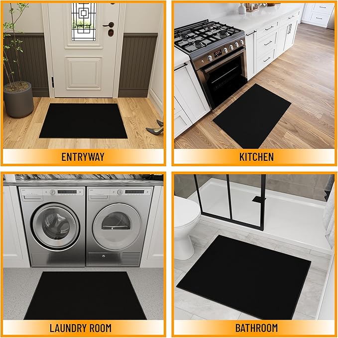 Ottomanson 2x2 Non Slip Area Rug for Bathroom - Rubber Backed Entryway Rug for Front Door - Solid Modern Kitchen Rug for Bedroom or Living Room, Black, 2' x 2'