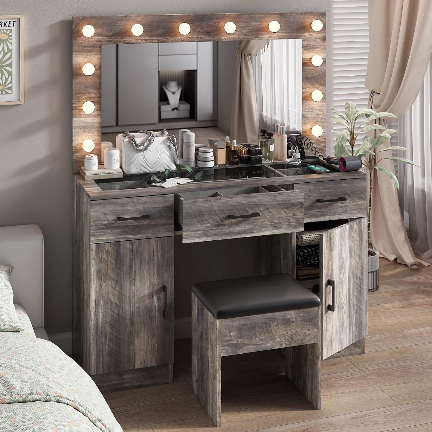 Karl home Vanity Desk with Large Lighted Mirror & Powre Outlet, Glass Tabletop Makeup Vanity Set with 3 Drawers & 2 Cabinet, 45.3" Make up Dressing Table with 12 Lights for Bedroom, Gray
