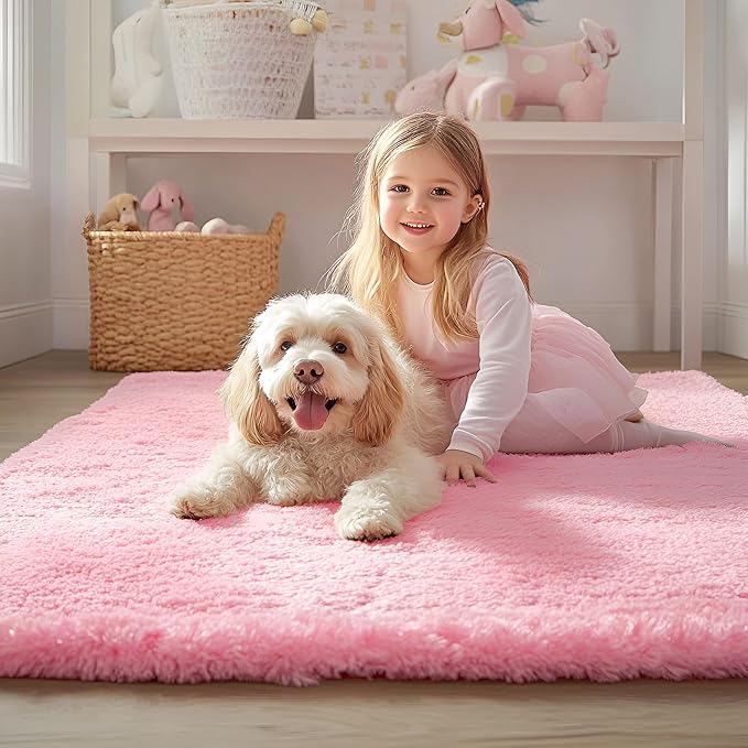 OLANLY 9x12 Machine Washable Large Area Rugs for Living Room, Bedroom, Soft Fluffy Shaggy Bedside Rug, Indoor Floor Carpet for Kids Girls and Boys, Dorms, Nursery, Home Decor Aesthetic, Pink