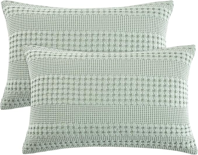 PHF 100% Cotton Waffle Pillow Shams Queen Size, 2 Pack 20" x 30" Soft Skin-Friendly Pillowcases, No Filling, Aesthetic Woven and Breathable Waffle Weave Pillow Case Covers for Bed, Sage Green