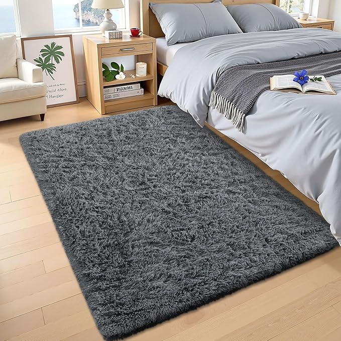 OLANLY 3x5 Machine Washable Small Bedside Rug, Soft Fluffy Shaggy Rugs for Living Room, Bedroom, Indoor Floor Carpet for Kids Girls and Boys, Preppy Dorms, Nursery, Home Decor Aesthetic, Grey