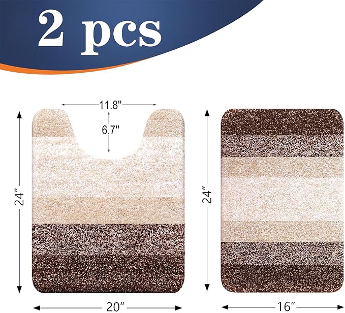 OLANLY Bathroom Rug Set 2 Piece, Soft Absorbent Microfiber Bath Mats and U-Shaped Contour Toilet Rug, Non-Slip, Machine Wash Dry, Plush Shaggy Bath Mats for Bathroom (24"x16"+24"x20", Brown)