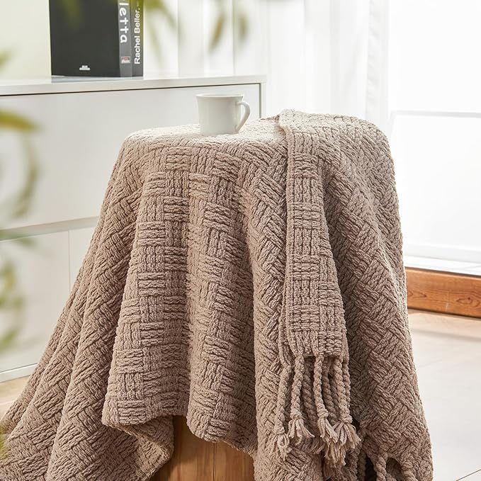 lifein Throw Blanket for Couch - Boho Throw Blanket, Knit Woven Blanket, Soft Decorative Blankets&Throws with Tassels for Bed,Sofa,Chair,Home Decor (Beige, 50 * 60, Waffle)