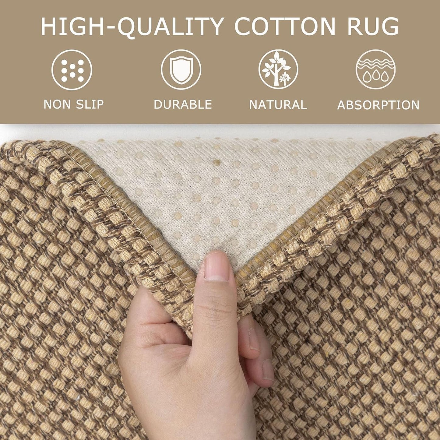 KOZYFLY Washable Area Rug 5x7 ft Rubber Backed Non Slip Rugs for Living Room Braided Cotton Bedroom Rug Woven Office Rugs Indoor Floor Carpets for Dining Bedroom Living Room, Tan/Orange/Brown
