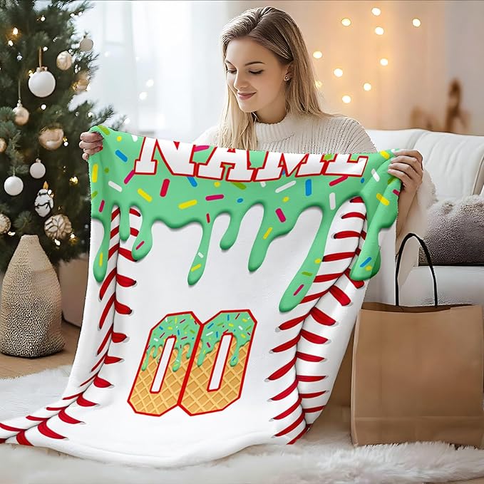 Kids Blanket for Boys Girls Custom Baseball Blankets for Gift, Green Cozy Soft Ice Cream Flannel Throws for Bed Travel Sofa Living Room Bedroom Decor Club