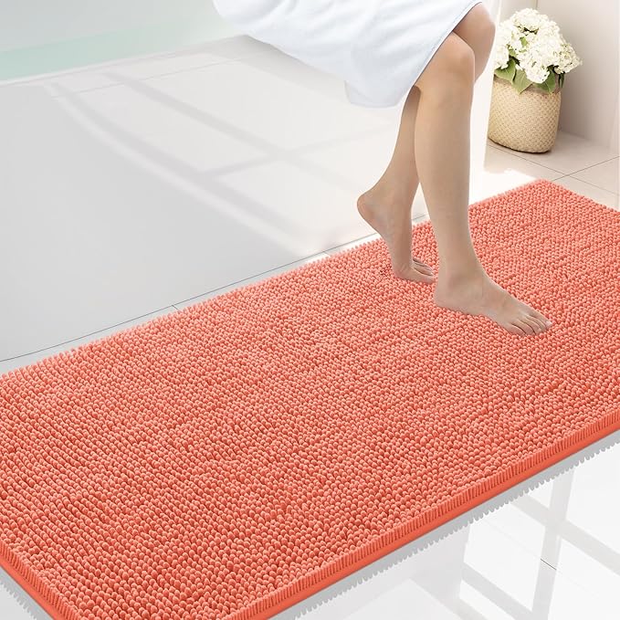 Smiry Luxury Chenille Bathroom Rugs 59x24, Extra Soft and Absorbent Shaggy Bath Mat, Machine Washable, Non-Slip Plush Carpet Runner for Tub, Shower, and Floor, Home Decor Accessories, Coral