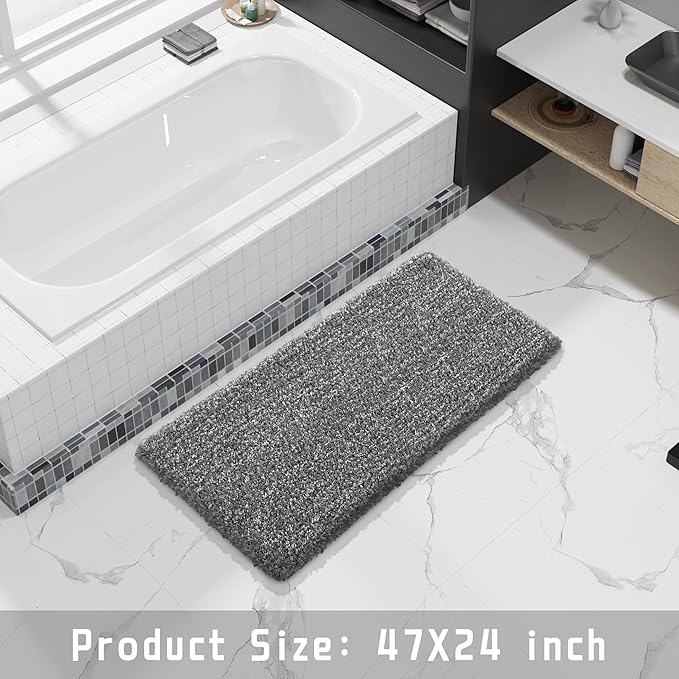 Yimobra Luxury Bathroom Rugs, Fluffy Bath Mats, Non Slip, Water Absorbent Microfiber, Machine Washable, Plush Runner Shower Rug, Thick Matts for Bathroom Floor/Tub, 47"x 24", Light Gray and Black Gray