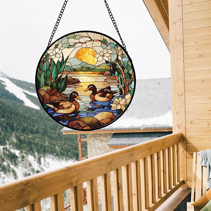 Stained Glass Window Hanging, Ducks in The Pond Sun Catcher for Door Home Decor Landscape Plant Suncatcher Christmas Mother's Day Birthday Gifts for Women Men Mom Nana 9.8 in