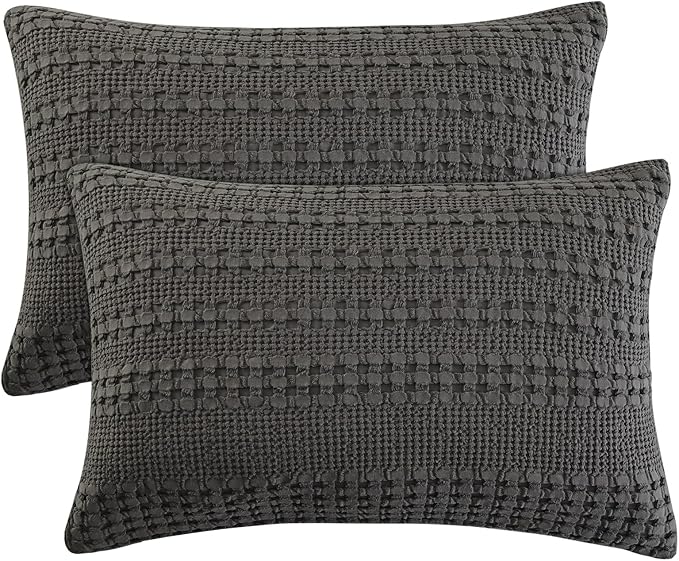 PHF 100% Cotton Waffle Pillow Shams Queen Size, 2 Pack 20" x 30" Soft Skin-Friendly Pillowcases, No Filling, Aesthetic Woven and Breathable Waffle Weave Pillow Case Covers for Bed, Charcoal Grey