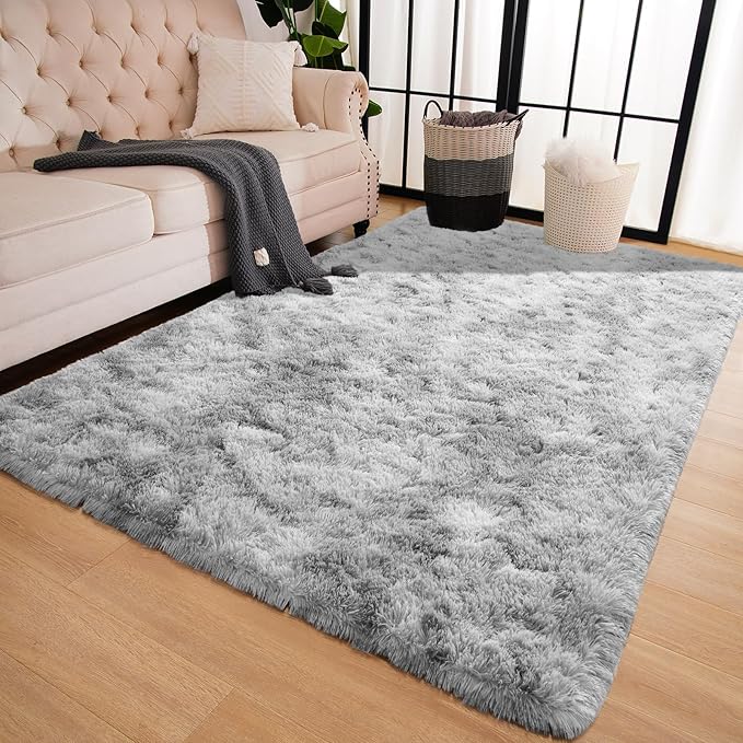 3x5 Tie Dyed Grey Small Throw Rug for Entryway Non Slip, Mini Fluffy Grey Rugs for Bedroom, Plush Furry Cozy Front Entrance Indoor Floor Carpet Home Decor Aesthetic Nursery