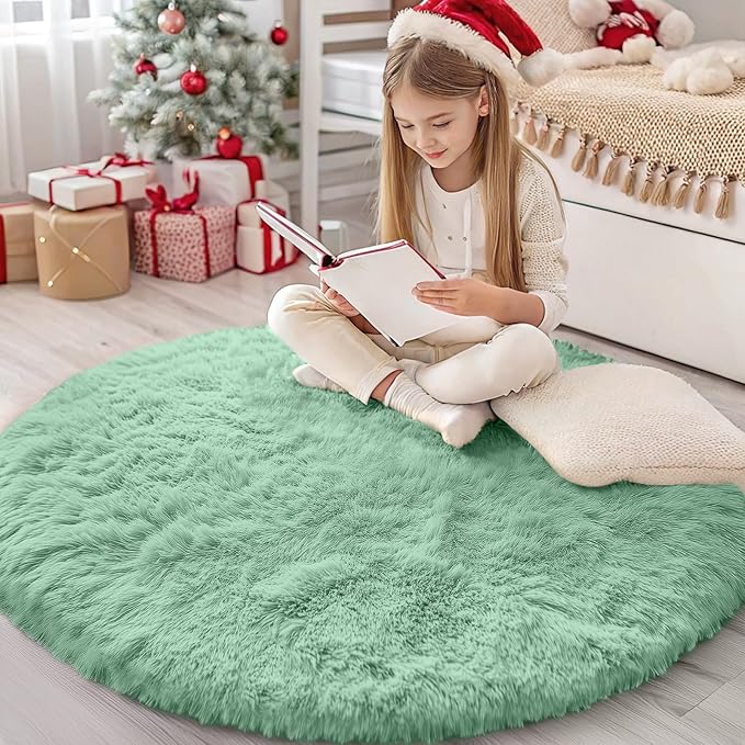 OLANLY Mint Green Round Rugs for Bedroom - Machine Washable, 4 ft Circle Area Rugs for Living Room, Soft and Fluffy Shaggy Carpet for Teen Girls and Boys, Nursery Rooms, Dorms, Home Decor Aesthetic