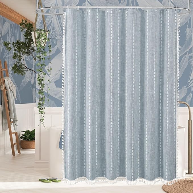 MitoVilla Boho Extra Long Shower Curtain 72 x 84, Blue 84 inch XL Polyester Linen Tassel Fabric Shower Curtain Set with Hooks for Vintage Country Farmhouse Bathroom Decor, Thick & Wrinkle Resistant