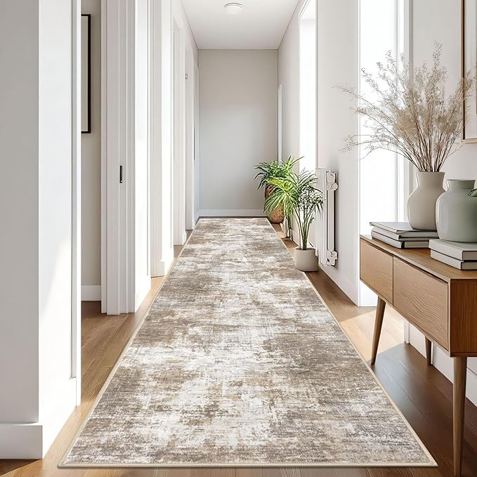 IOHOUZE Abstract Runner Rug 3x16 Ft Long Washable Runners for Hallways, Non Slip Kitchen Runner Printed Faux Wool Entryway Runner Indoor, Modern Abstract Floor Carpet for Hall Stair, Beige Brown
