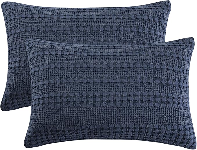 PHF 100% Cotton Waffle Pillow Shams Queen Size, 2 Pack 20" x 30" Soft Skin-Friendly Pillowcases, No Filling, Aesthetic Woven and Breathable Waffle Weave Pillow Case Covers for Bed, Dark Navy