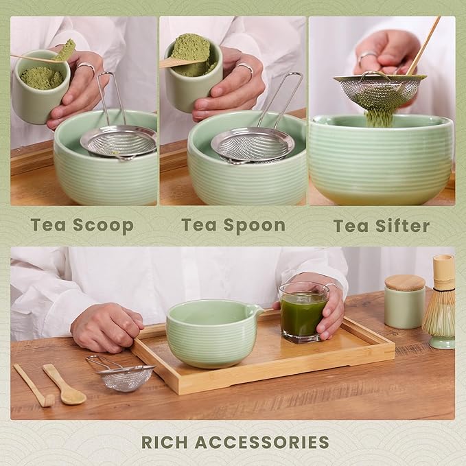 Matcha Whisk Set, Ceramic Matcha Set Includes Matcha Bowl, Matcha Whisk (Chasen) and Holder, Sifter, Bamboo Scoop & Spoon - 6 Pcs Matcha Kit for Matcha Lovers Cyan