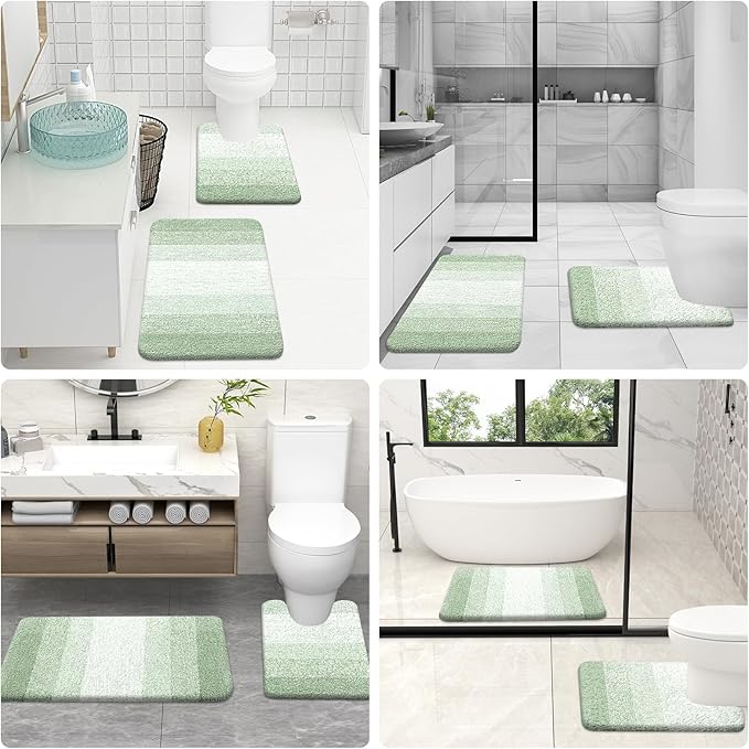 OLANLY Bathroom Rug Set 2 Piece, Soft Absorbent Microfiber Bath Mats and U-Shaped Contour Toilet Rug, Non-Slip, Machine Wash Dry, Plush Shaggy Bath Mats for Bathroom (24"x16"+24"x20", Sage Green)