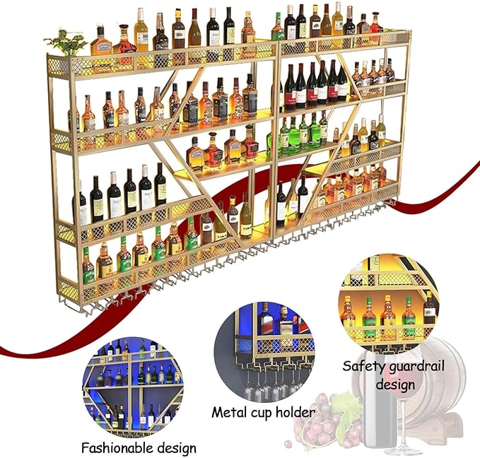 63in Wall Mounted Wine Rack, Large Metal Wine Bottle Holder,4 Tier Modern Fashion Diamond Shaped Floating Bar Unit Wine Storage Shelves, for Home Restaurant Bars Decor (Gold, 4 Tier - 63in)
