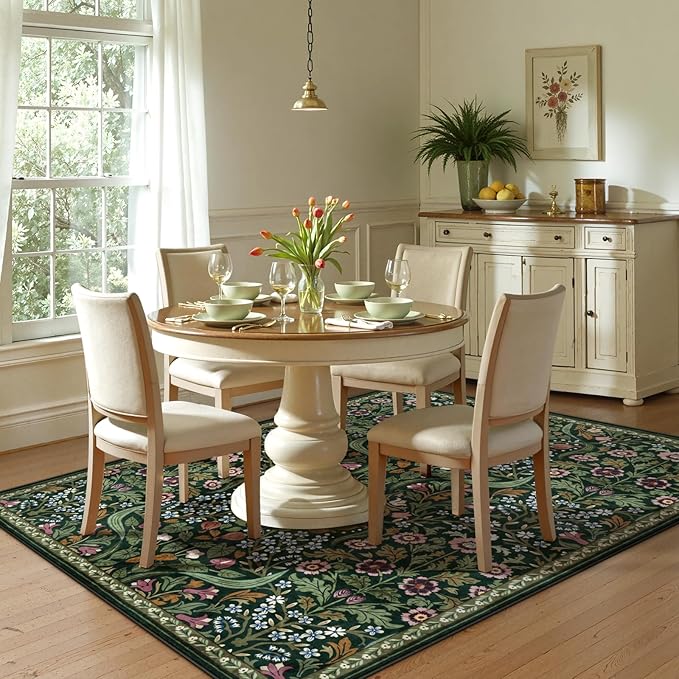 Lahome Floral 5x7 Washable Living Room Rugs, Green Area Rugs for Bedroom Rubber Backed, Botanical Thin Stain-Resistant Carpet for Dining Room, Guestroom, Kids Room, Living Room Decor
