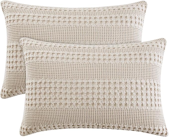 PHF 100% Cotton Waffle Pillow Shams Queen Size, 2 Pack 20" x 30" Soft Skin-Friendly Pillowcases, No Filling, Aesthetic Woven and Breathable Waffle Weave Pillow Case Covers for Bed, Oatmeal