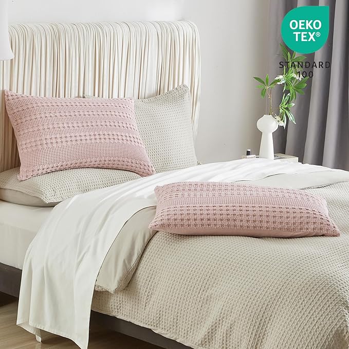 PHF 100% Cotton Waffle Pillow Shams Queen Size, 2 Pack 20" x 30" Soft Skin-Friendly Pillowcases, No Filling, Aesthetic Woven and Breathable Waffle Weave Pillow Case Covers for Bed, Pink