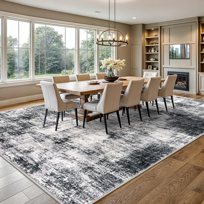 IOHOUZE Abstract Area Rugs 9x12 Ft Washable Large Rugs for Living Room, Non Slip Dining Room Rug, Printed Rugs for Bedroom, Floor Carpet for Office Nursery Playroom, Black Grey