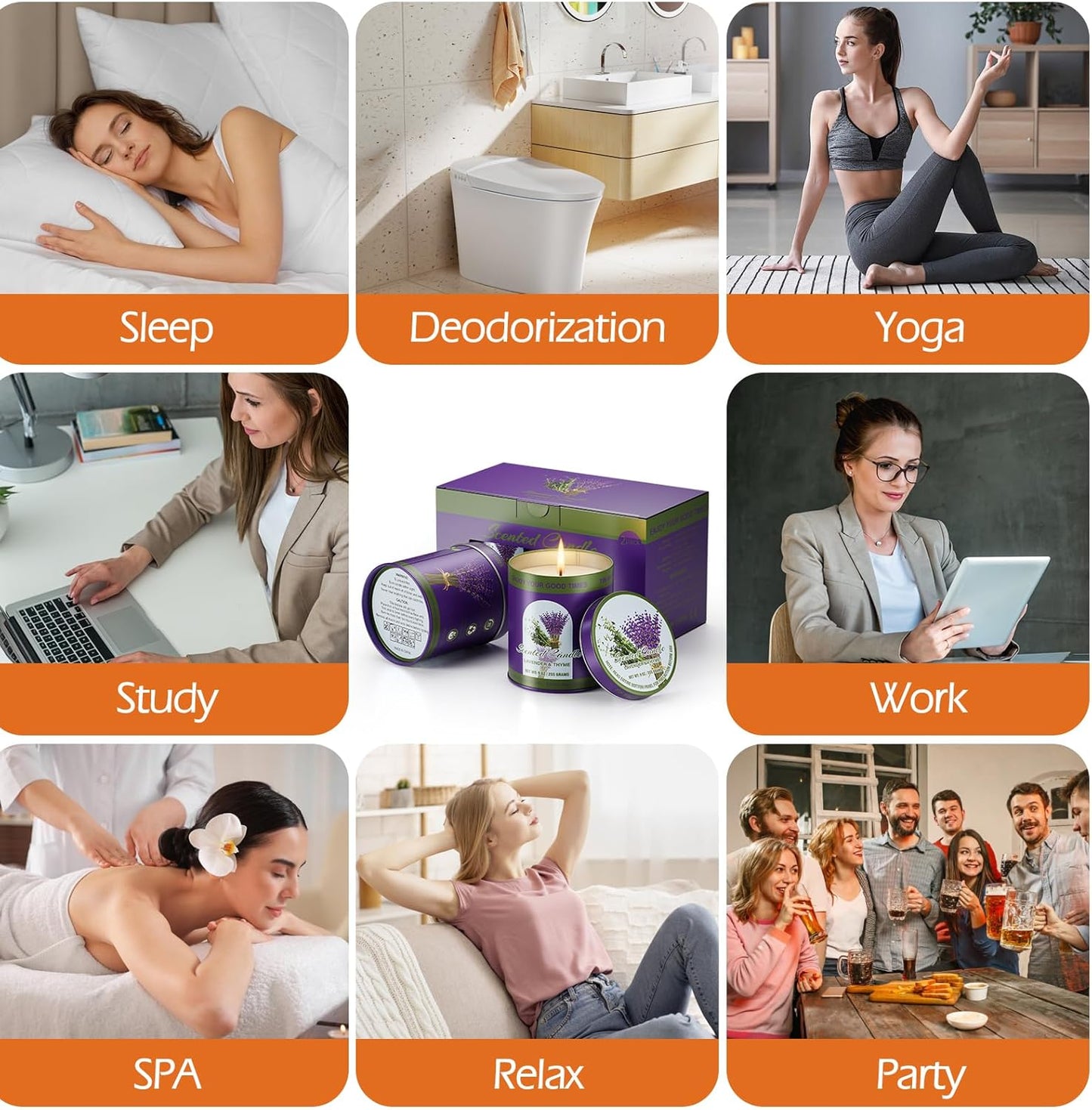 Lavender&Thyme Scented Candle Set | 2Pack 510g 8% Essential Oil, 80H Burn Time | Smokeless Clean-Burning Soy Wax Tin Jar Aromatherapy Candle for Relaxation & Sleep Aid | Candle Gift Set Women&Men