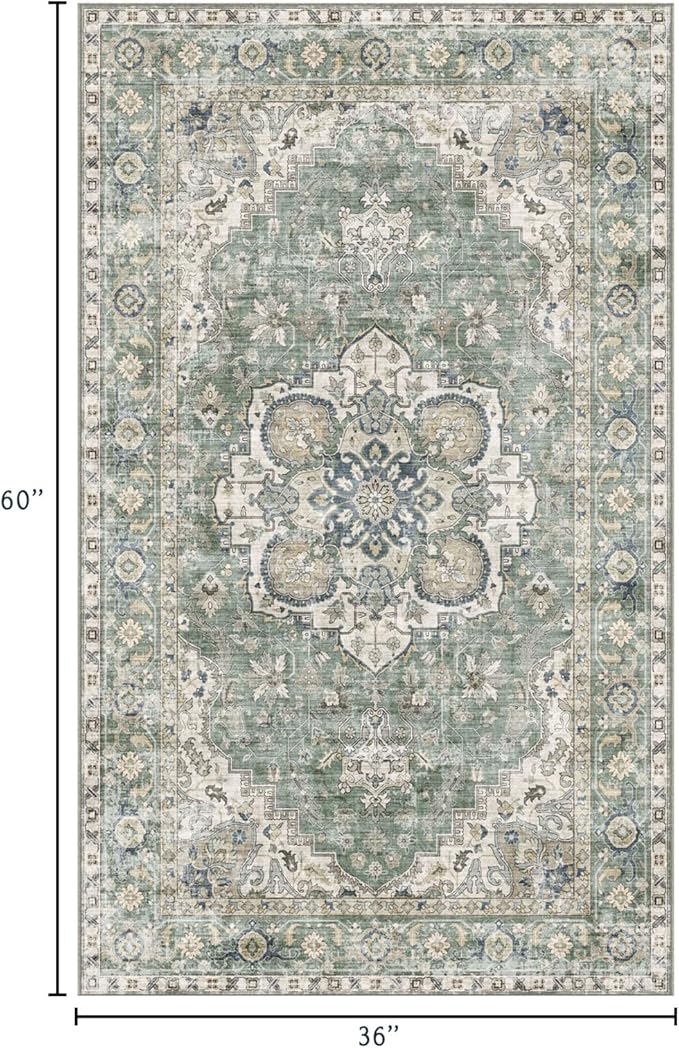 3x5 Washable Area Rug - Small Entryway Rug Non-Slip Sage Green Vintage Oriental Kitchen Rugs Low Pile Boho Carpet Throw Rugs for Living Room Bedroom Bathroom Entrance Dorm Office Home Decor