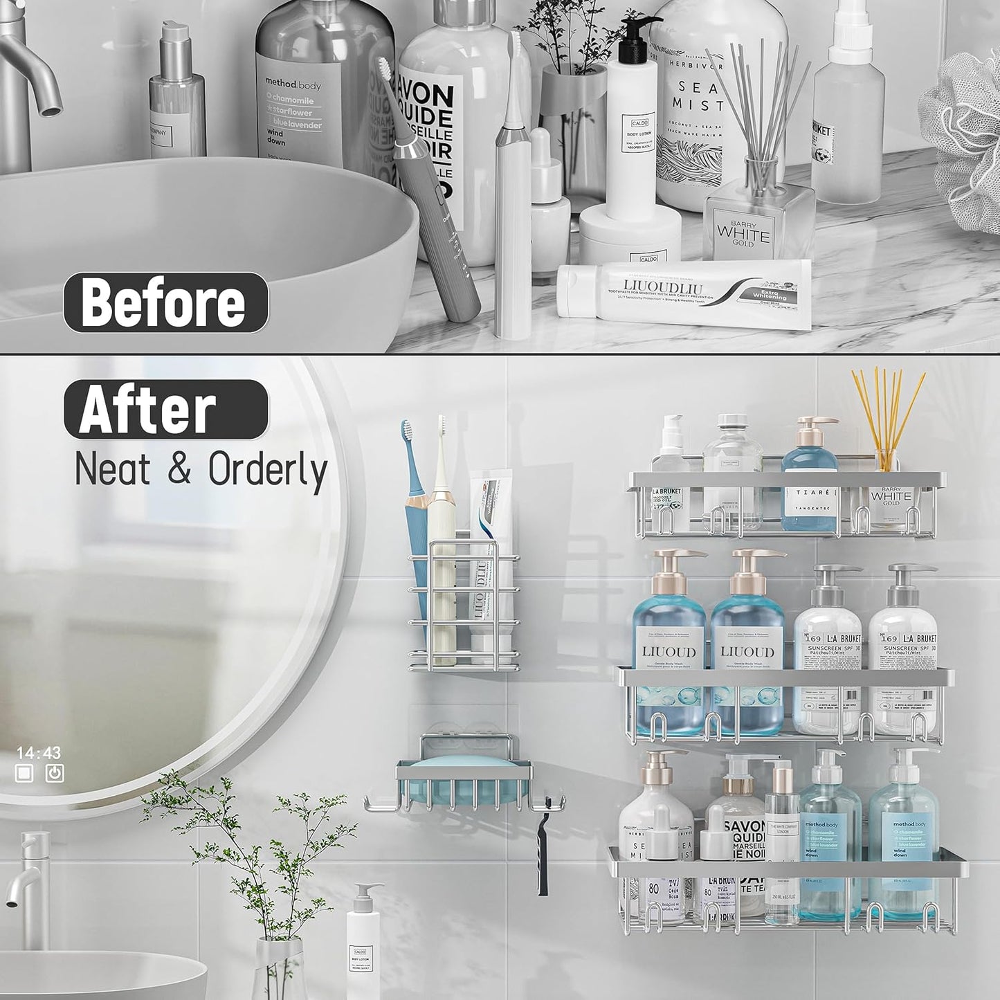 5 Pack Shower Caddy Organizer Rack Shelf for Inside Shower, Self Adhesive Bathroom Wall Storage Basket Rustproof Stainless Steel Large Capacity Shampoo Holder, Silver