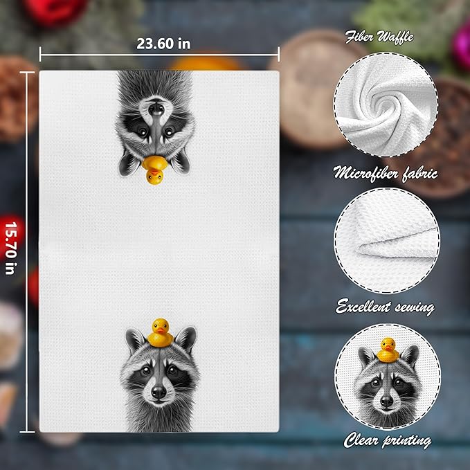 Nipi 109-XJ-MJ Towel Funny Raccoon Lover Gifts Bathroom Hand Towels, Raccoon Bathroom Decor, Vintage Animal Trash Panda with A Yellow Duck on Head Decorative Kids Hand Towels, 16x24 Inch
