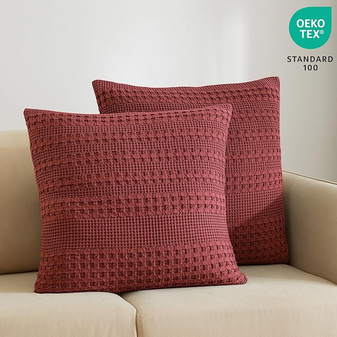 PHF Waffle Weave Euro Pillow Shams, 2 Pack 100% Cotton Pillow Covers 26x26 Inches for Decor, No Insert, Luxury Aesthetic Euro Pillow Cases for Bedroom Decor, Wine Red
