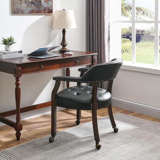 MODERION Large Dinning Chairs with Solid Wood Legs, Boss Caption's Chairs, Office Desk Chairs with Wheels, Classic Swivel Accent Chairs with Upholstered, 31.5”H for Living Kitchen Black SY318BK