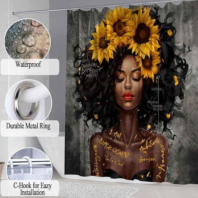 4 PCS Shower Curtain Set with Waterproof Shower Curtain, Non-Slip Bath Mat, Absorbent Rug, Toilet Lid Cover, Inspirational Quote Afrcia American Black Queen Halloween Bathroom Decor Set