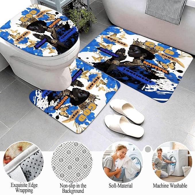 4 PCS Black Queen Shower Curtain Set with Waterproof Shower Curtain, Non-Slip Bath Mat, Rug, Toilet Lid Cover, Inspirational Quote Afrcia American Blue Flower Black Woman Halloween Bathroom Decor Set
