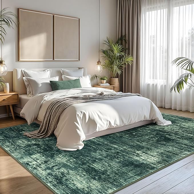 IOHOUZE Abstract Area Rugs 8x10 Ft Washable Large Rugs for Living Room, Non Slip Dining Room Rug, Printed Faux Wool Rugs for Bedroom, Floor Carpet for Office Nursery Playroom, Dark Green