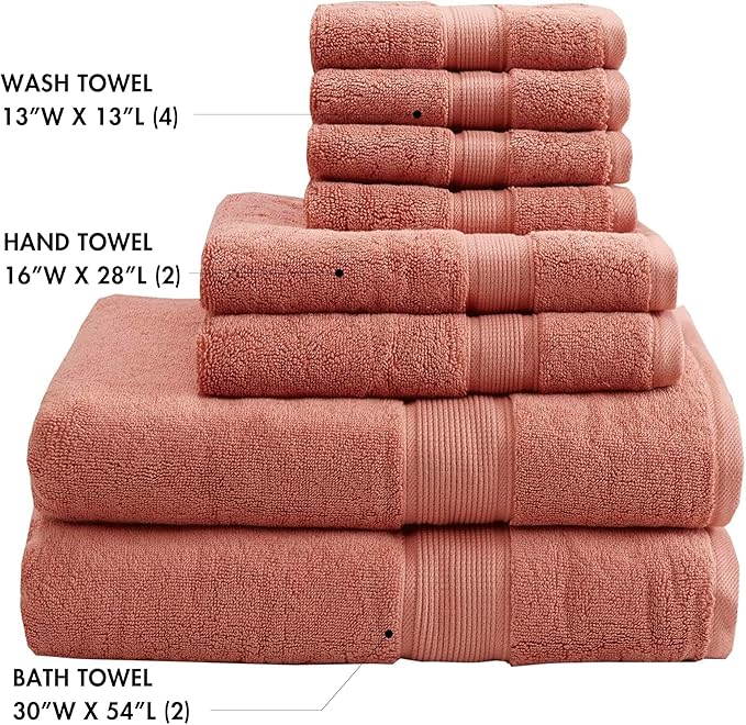 Madison Park 800GSM Bathroom Towel Set of 8 100% Cotton Bath Towel Set for Bathroom Luxurious Highly Absorbent 2 Bath Towels 2 Hand Towels 4 Washcloths Quick Dry Spa Quality Coral