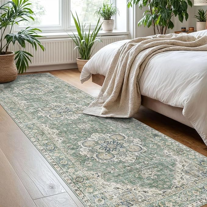 Runner Rugs for Hallway 2.5x10ft - Long Non-Slip Sage Green Washable Boho Runner Rug Low Pile Stain Resistant Soft Vintage Oriental Carpet for Kitchen Living Room Indoor Entryway Bedroom