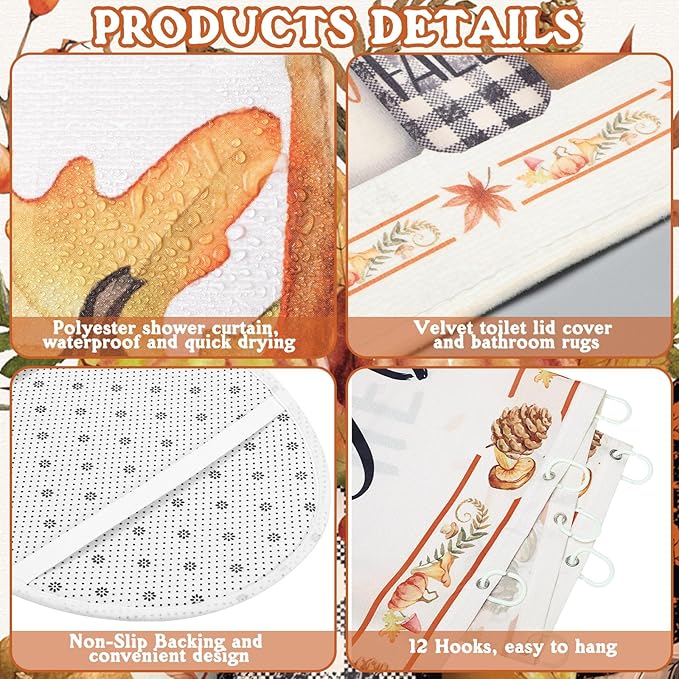 8 Pcs Hello Fall Shower Curtain Set for Bathroom Include Harvest Autumn Gnome Shower Curtain Towels Non Slip Rugs Toilet Lid Cover Pumpkin Bath Mat and 12 Hooks for Autumn Bathroom Decor