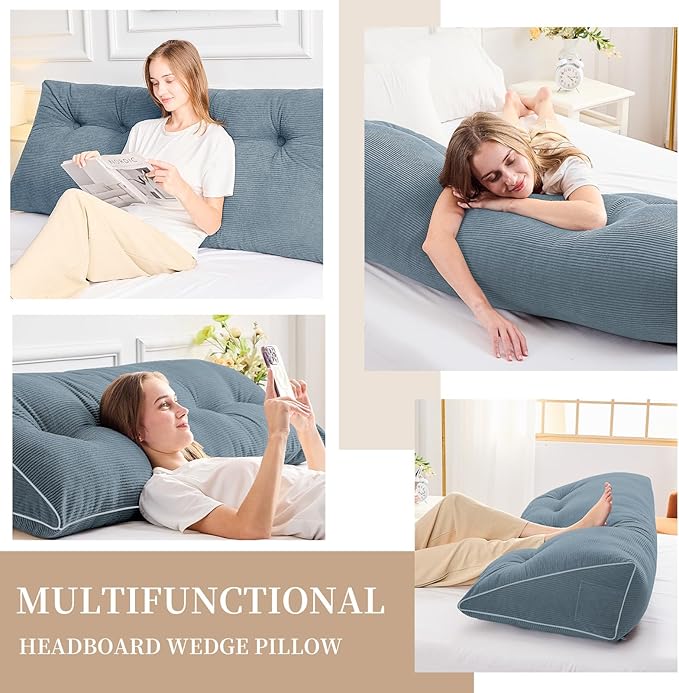 Sasttie Headboard Pillow King, Wedge Pillow Headboard for Sitting Up in Bed, Back-Rest Support Triangular Cushion for Reading - Features Removable Washable Cover, Greyish Blue