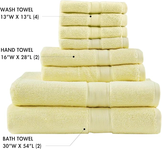 Madison Park 800GSM Bathroom Towel Set of 8 100% Cotton Bath Towel Set for Bathroom Luxurious Highly Absorbent 2 Bath Towels 2 Hand Towels 4 Washcloths Quick Dry Spa Quality Yellow