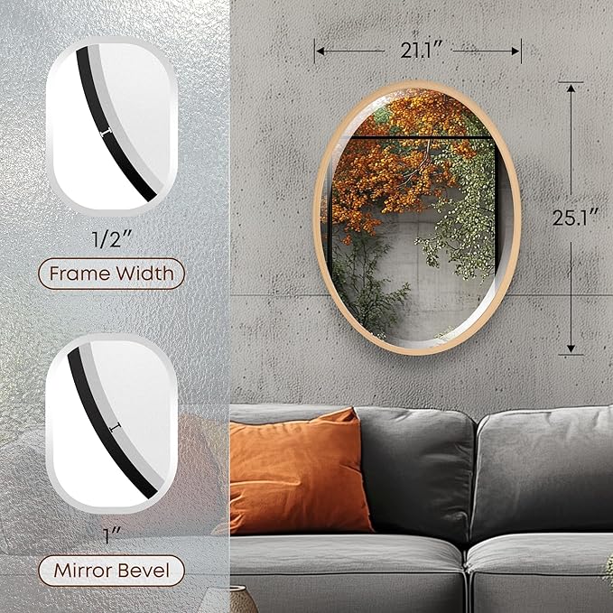 OVALCREST - Oval Wooden Beveled Wall Mirror for Home Decor, Bathroom, Vanity, Bedroom, Living Room, Hallway - London Style (Gold Paint) 21.1 x 25.1