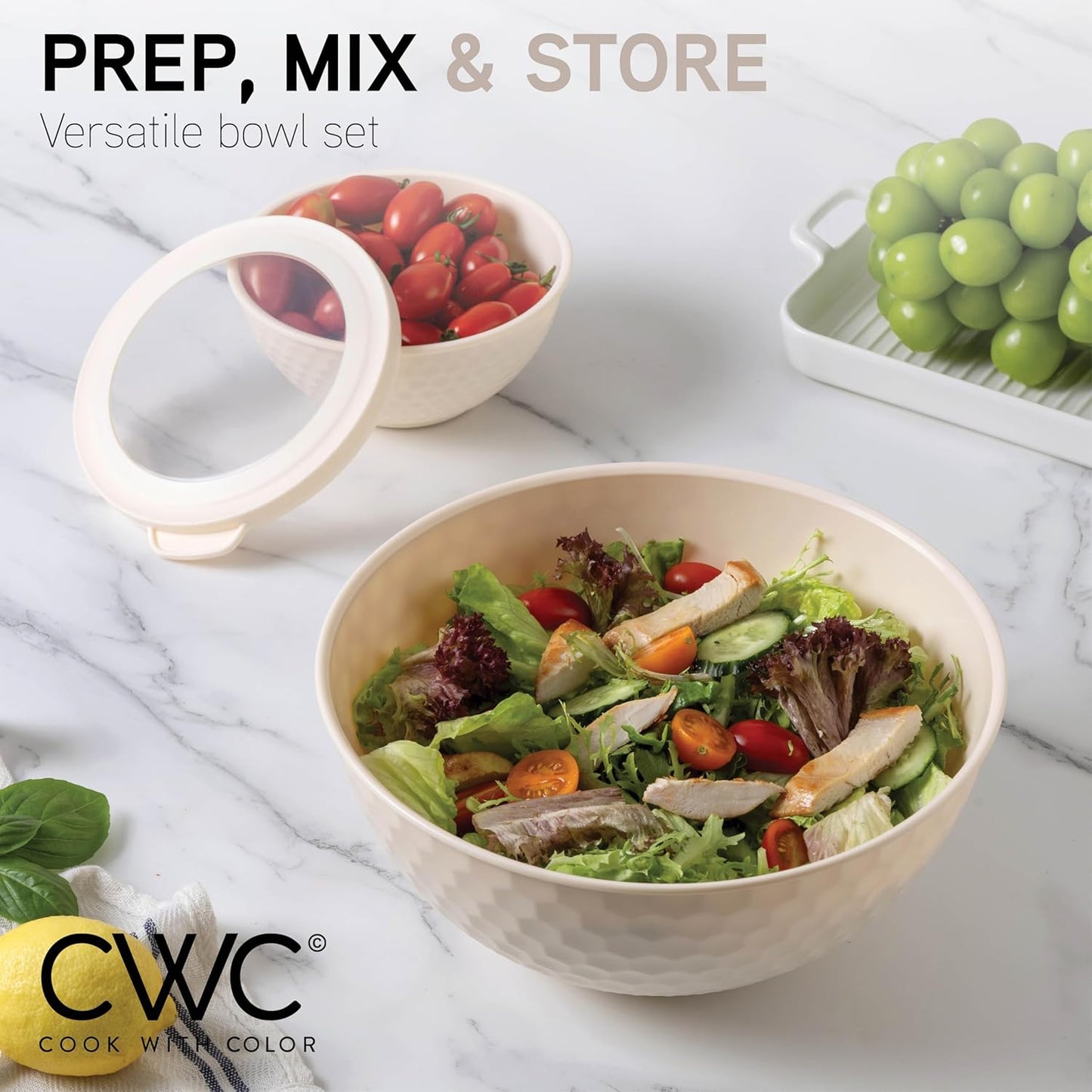 COOK WITH COLOR Mixing Bowls with Lids - 12 Piece Plastic Nesting Bowls Set includes 6 Prep Bowls and 6 Lids, Non Slip Bottom and Embossed Design - Microwave Safe (Cream)