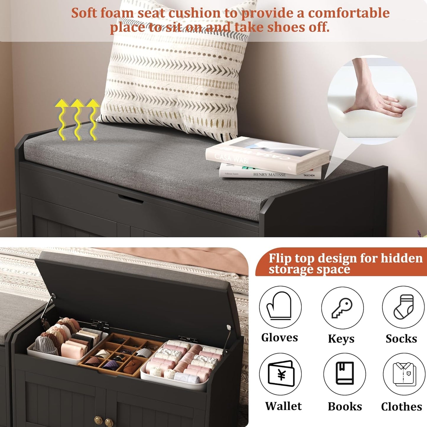 HOMEFORT 30" Shoe Bench with Lift Top Storage, Entryway Bench with Cushioned Seat, Wooden End of Bed Bench, Shoe Cabinet Bench with Hidden Storage Space, for Bedroom, Hallway,Black