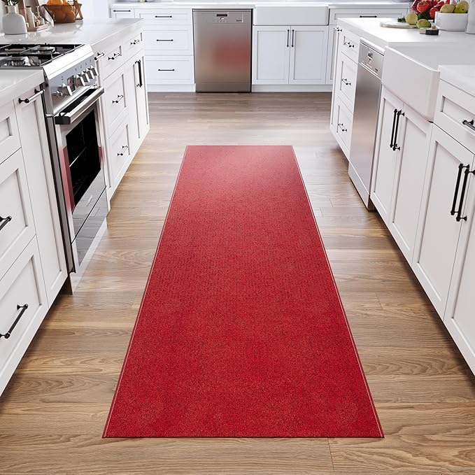Ottomanson 2'7" x 40' Ultra-Thin Hallway Runner Rug - Durable Non-Slip Carpet for High-Traffic Areas - Fits Under Doors for Seamless Entry - Ideal for Kitchen, Entryway, Bedroom & Living Room, Red